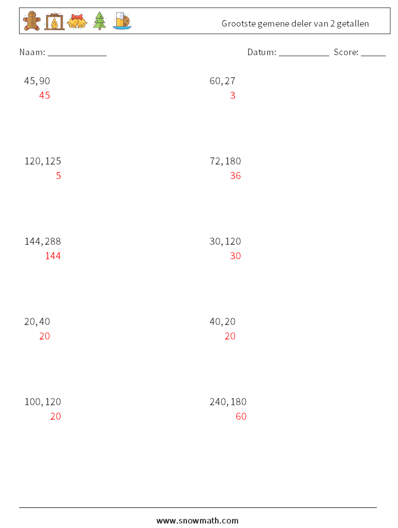 Grootste gemene deler van 2 getallen Wiskundige werkbladen 3 Vraag, Antwoord