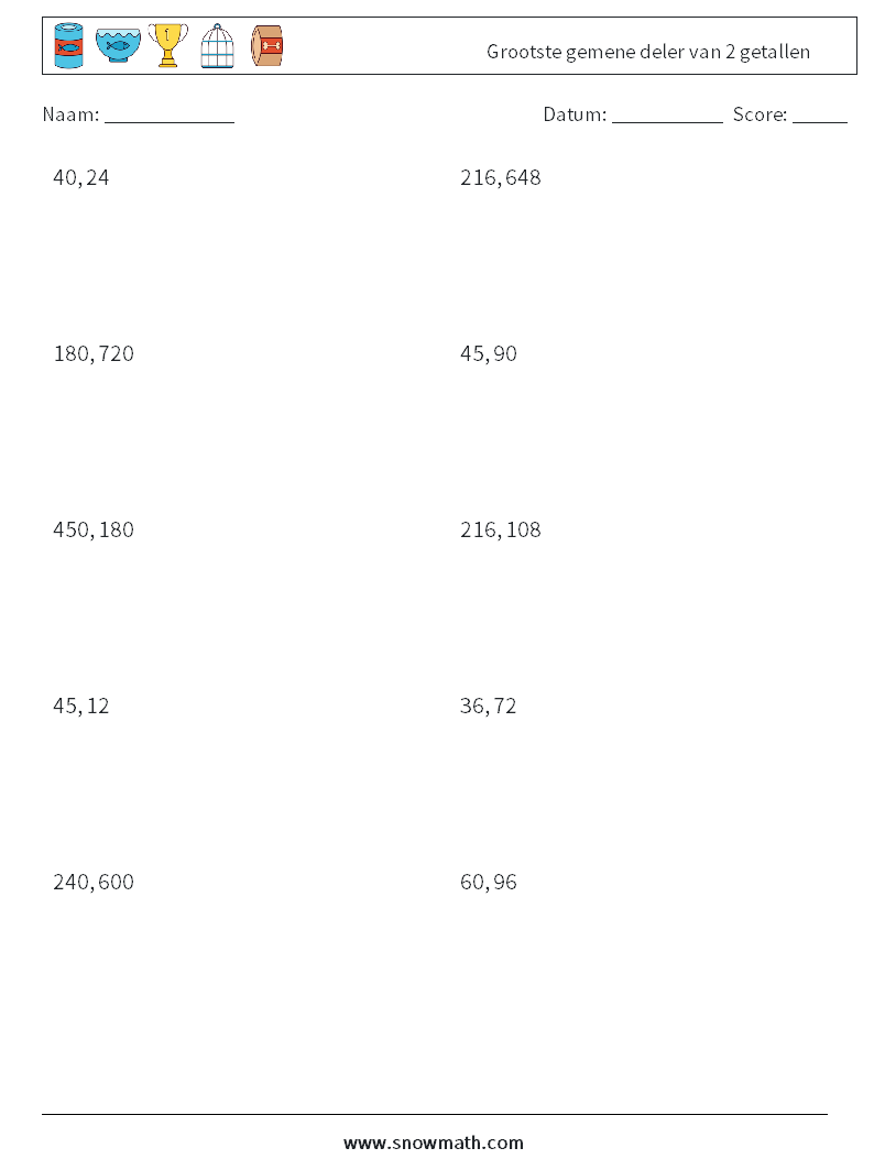 Grootste gemene deler van 2 getallen Wiskundige werkbladen 4