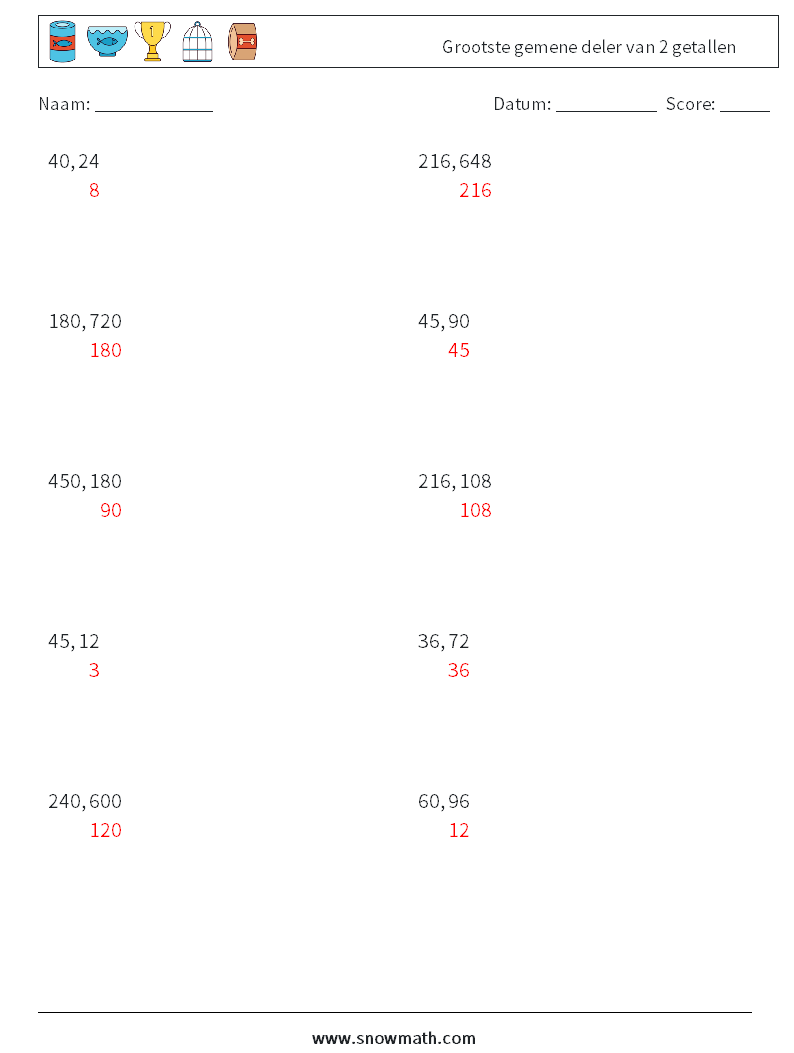 Grootste gemene deler van 2 getallen Wiskundige werkbladen 4 Vraag, Antwoord