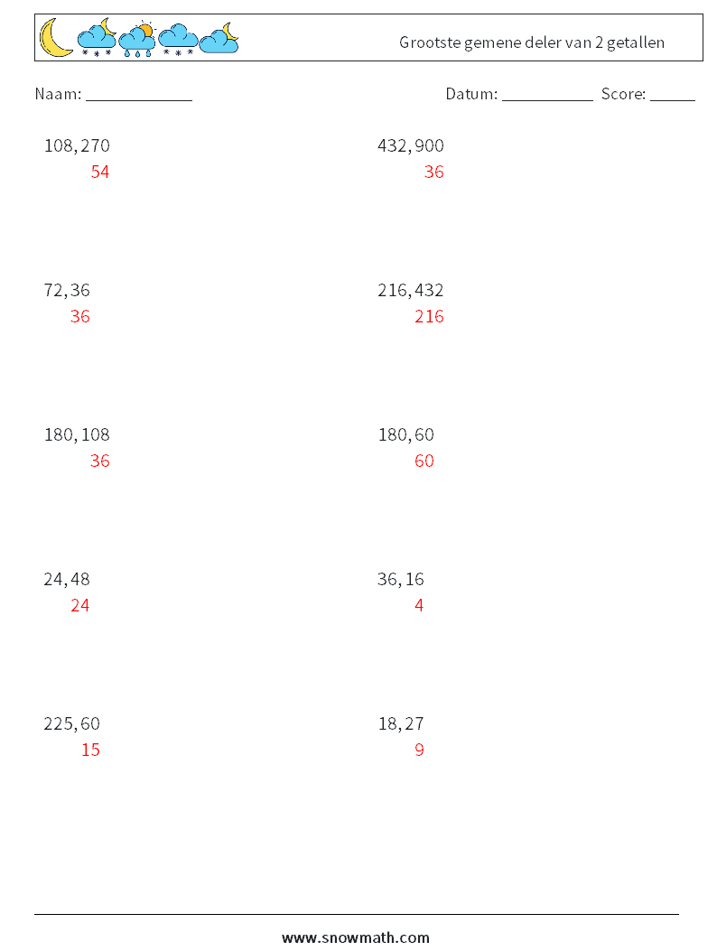 Grootste gemene deler van 2 getallen Wiskundige werkbladen 5 Vraag, Antwoord