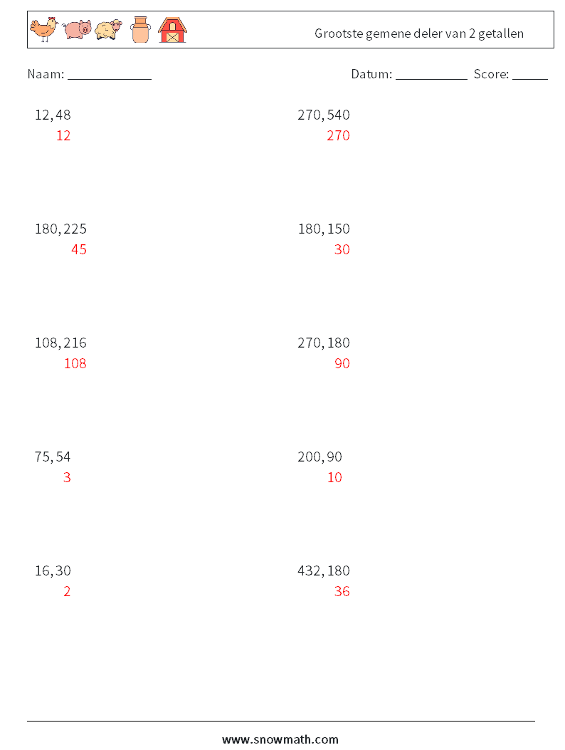 Grootste gemene deler van 2 getallen Wiskundige werkbladen 6 Vraag, Antwoord