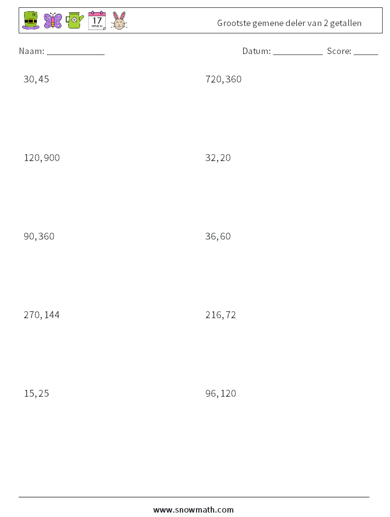 Grootste gemene deler van 2 getallen Wiskundige werkbladen 7