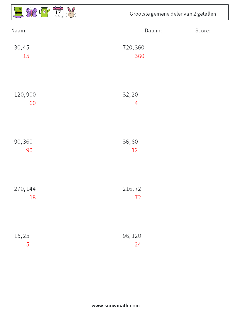 Grootste gemene deler van 2 getallen Wiskundige werkbladen 7 Vraag, Antwoord