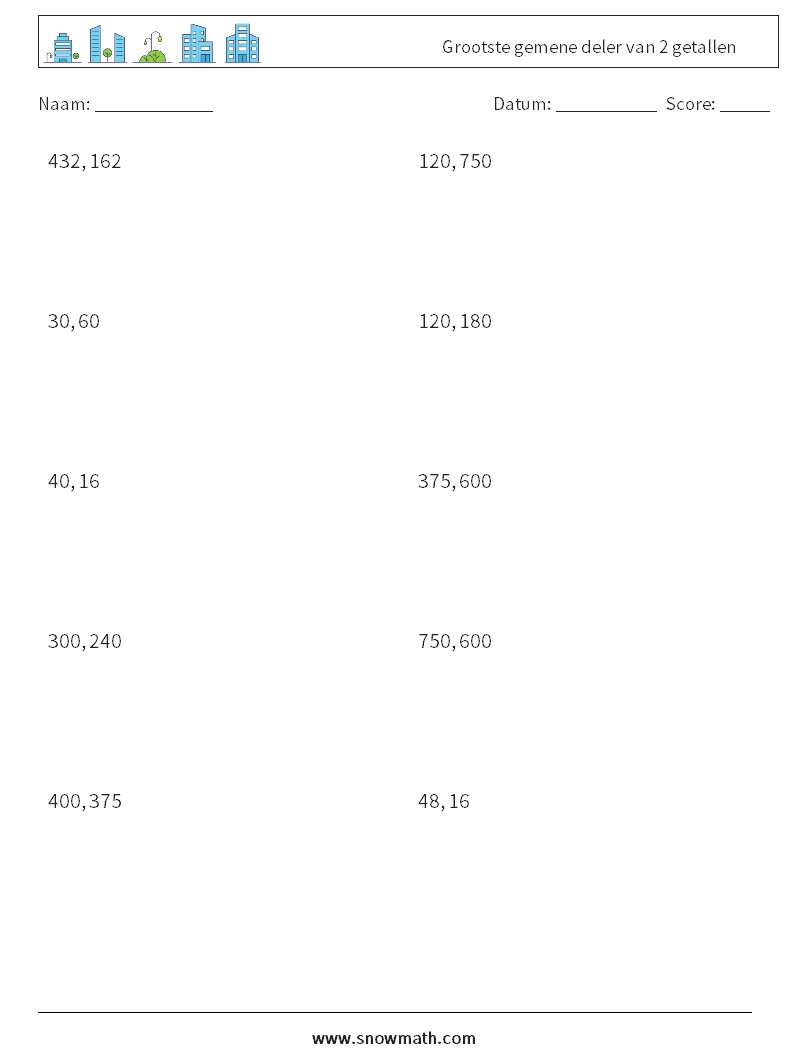 Grootste gemene deler van 2 getallen Wiskundige werkbladen 8