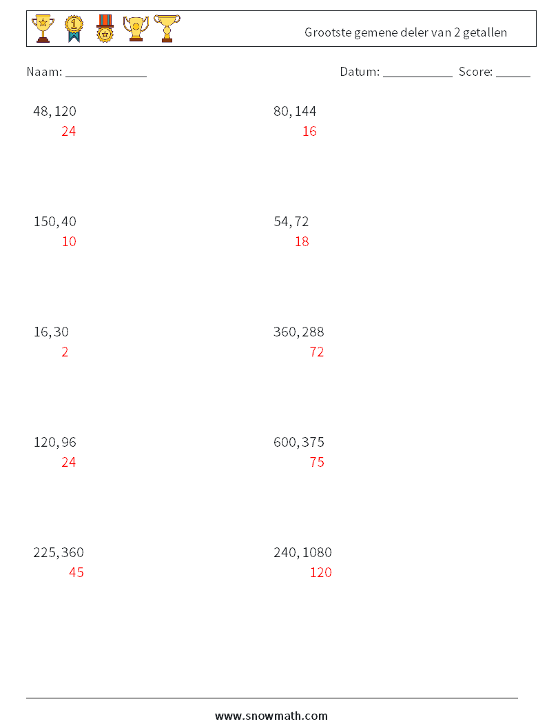 Grootste gemene deler van 2 getallen Wiskundige werkbladen 9 Vraag, Antwoord