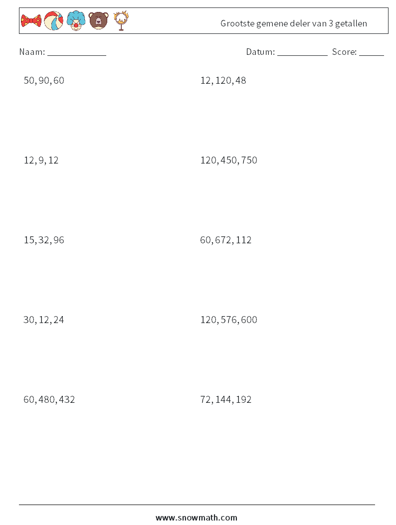 Grootste gemene deler van 3 getallen Wiskundige werkbladen 1