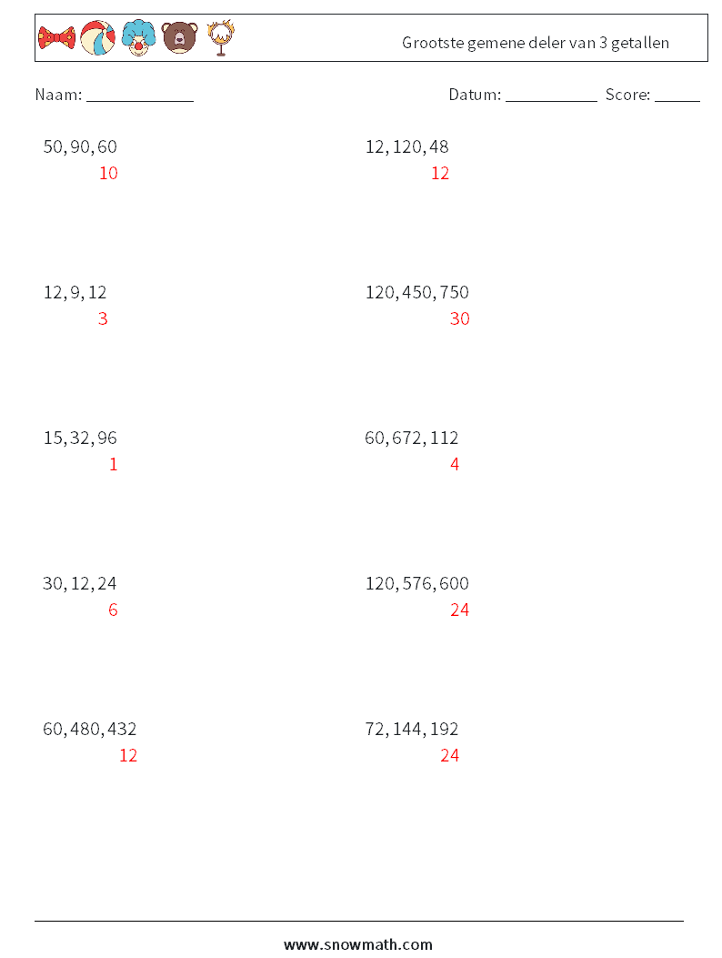 Grootste gemene deler van 3 getallen Wiskundige werkbladen 1 Vraag, Antwoord