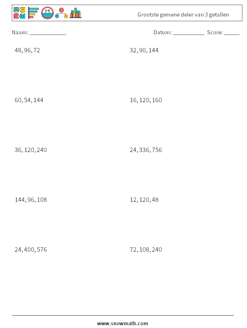 Grootste gemene deler van 3 getallen Wiskundige werkbladen 2