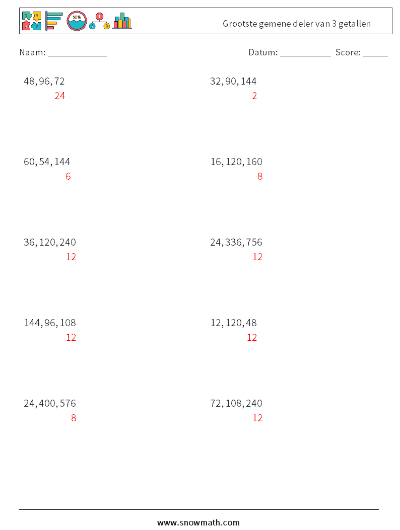 Grootste gemene deler van 3 getallen Wiskundige werkbladen 2 Vraag, Antwoord