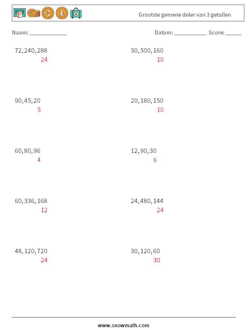 Grootste gemene deler van 3 getallen Wiskundige werkbladen 3 Vraag, Antwoord