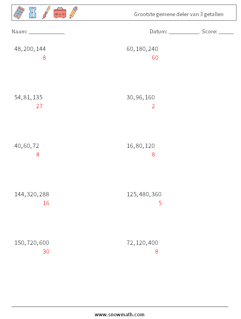 Grootste gemene deler van 3 getallen Wiskundige werkbladen 4 Vraag, Antwoord