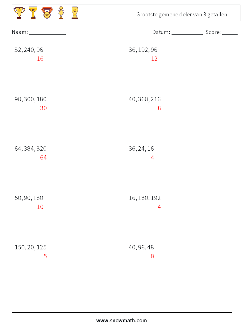 Grootste gemene deler van 3 getallen Wiskundige werkbladen 5 Vraag, Antwoord