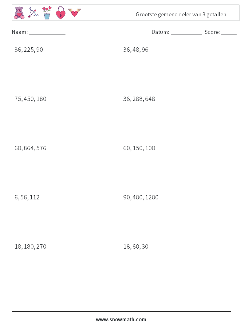 Grootste gemene deler van 3 getallen Wiskundige werkbladen 6