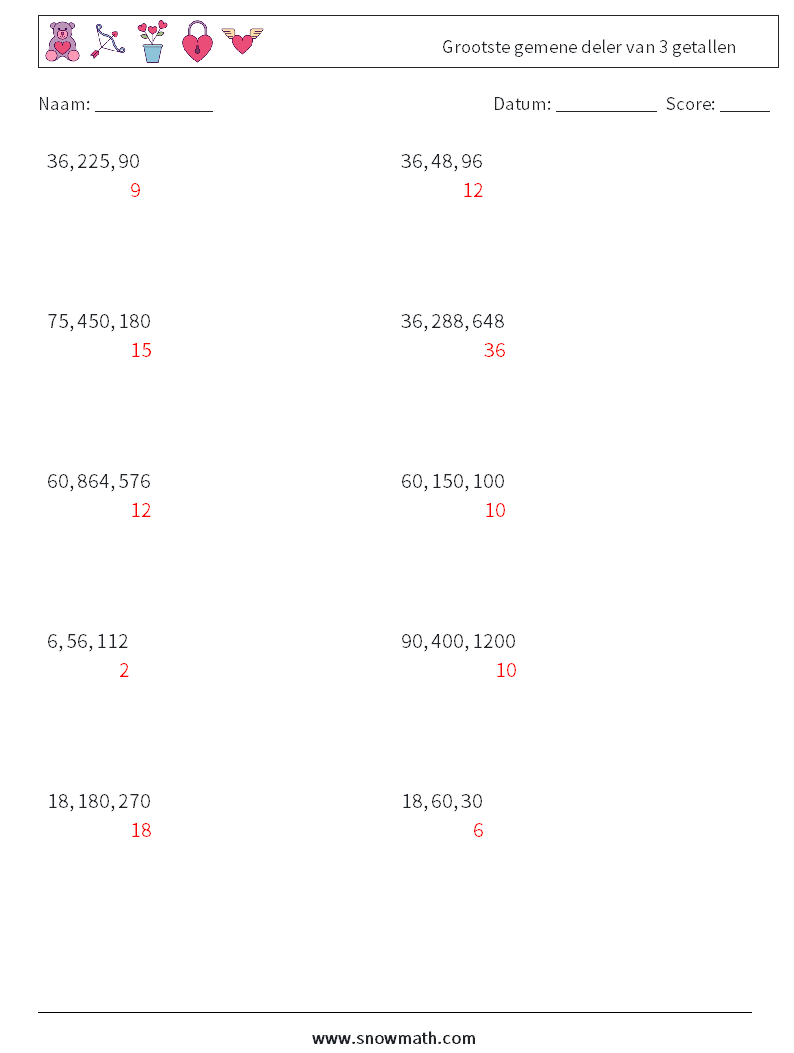 Grootste gemene deler van 3 getallen Wiskundige werkbladen 6 Vraag, Antwoord