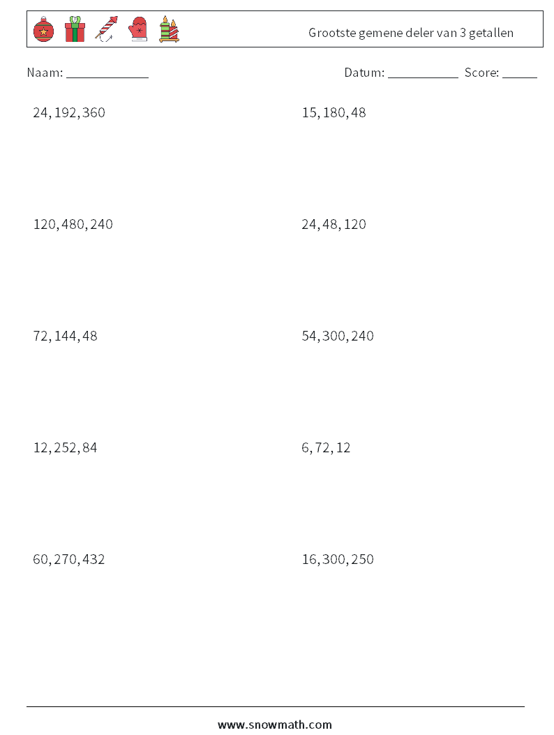 Grootste gemene deler van 3 getallen Wiskundige werkbladen 7