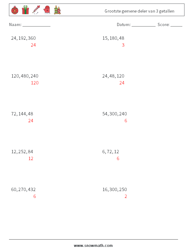 Grootste gemene deler van 3 getallen Wiskundige werkbladen 7 Vraag, Antwoord