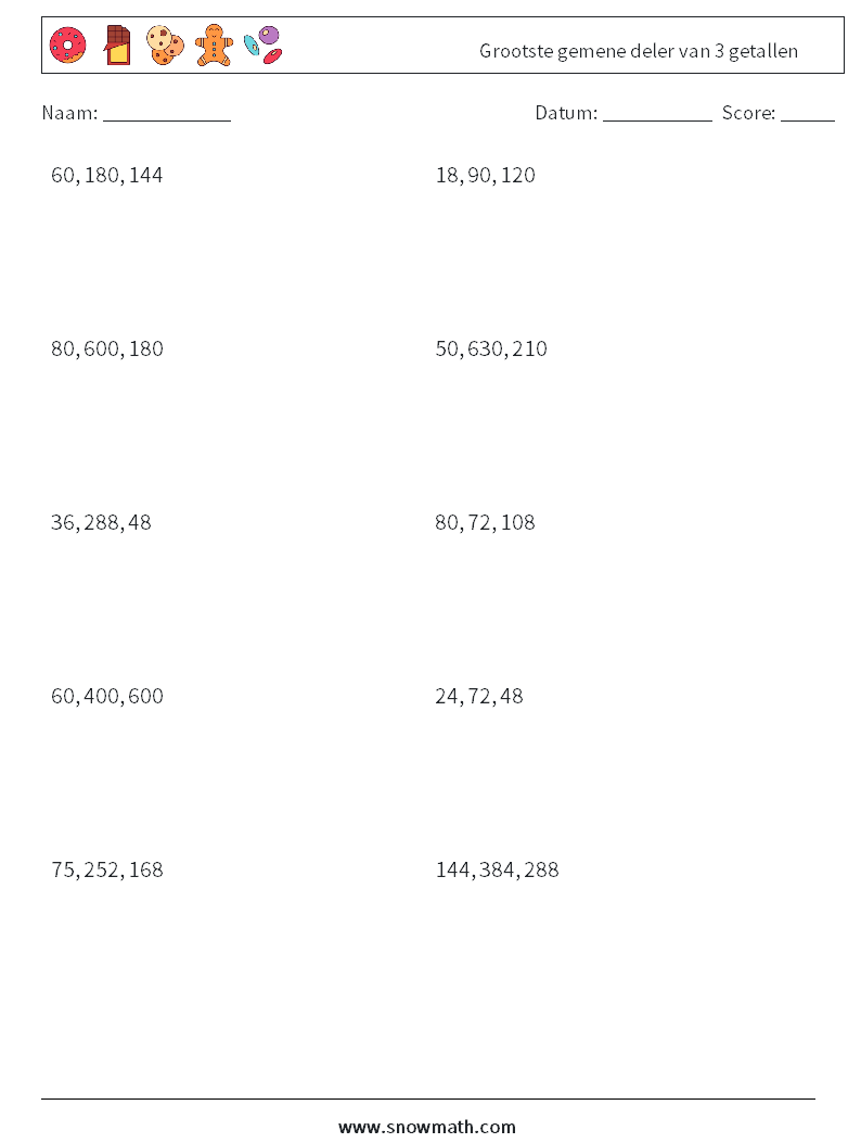 Grootste gemene deler van 3 getallen Wiskundige werkbladen 8