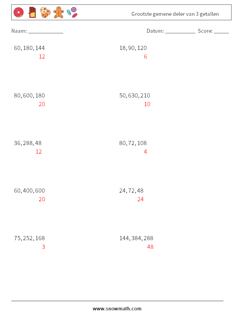 Grootste gemene deler van 3 getallen Wiskundige werkbladen 8 Vraag, Antwoord