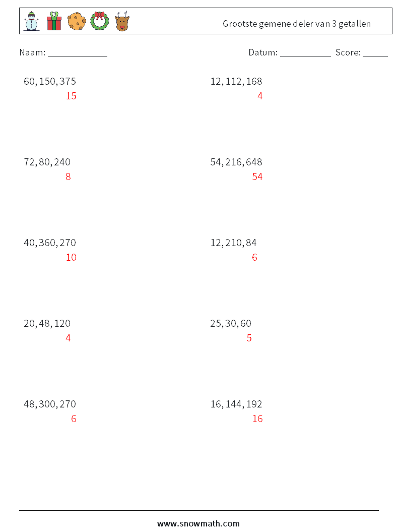 Grootste gemene deler van 3 getallen Wiskundige werkbladen 9 Vraag, Antwoord