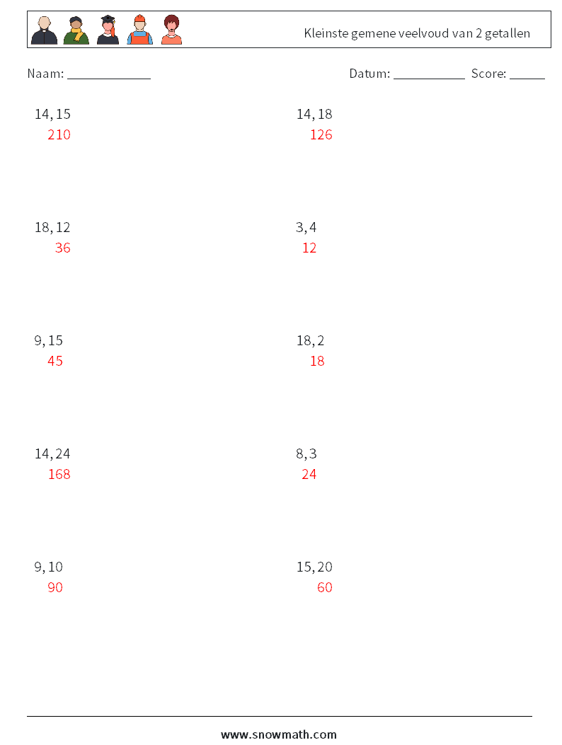 Kleinste gemene veelvoud van 2 getallen Wiskundige werkbladen 1 Vraag, Antwoord