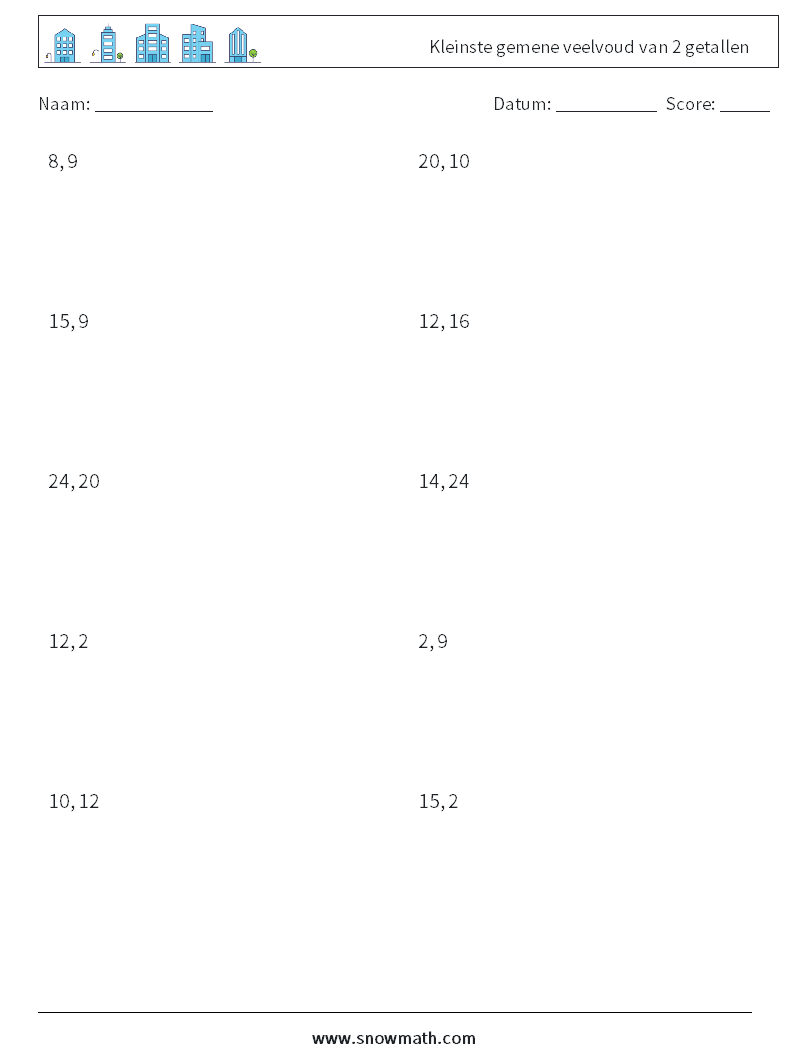 Kleinste gemene veelvoud van 2 getallen Wiskundige werkbladen 2