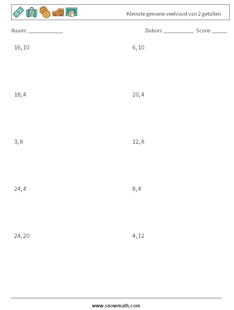 Kleinste gemene veelvoud van 2 getallen Wiskundige werkbladen 4