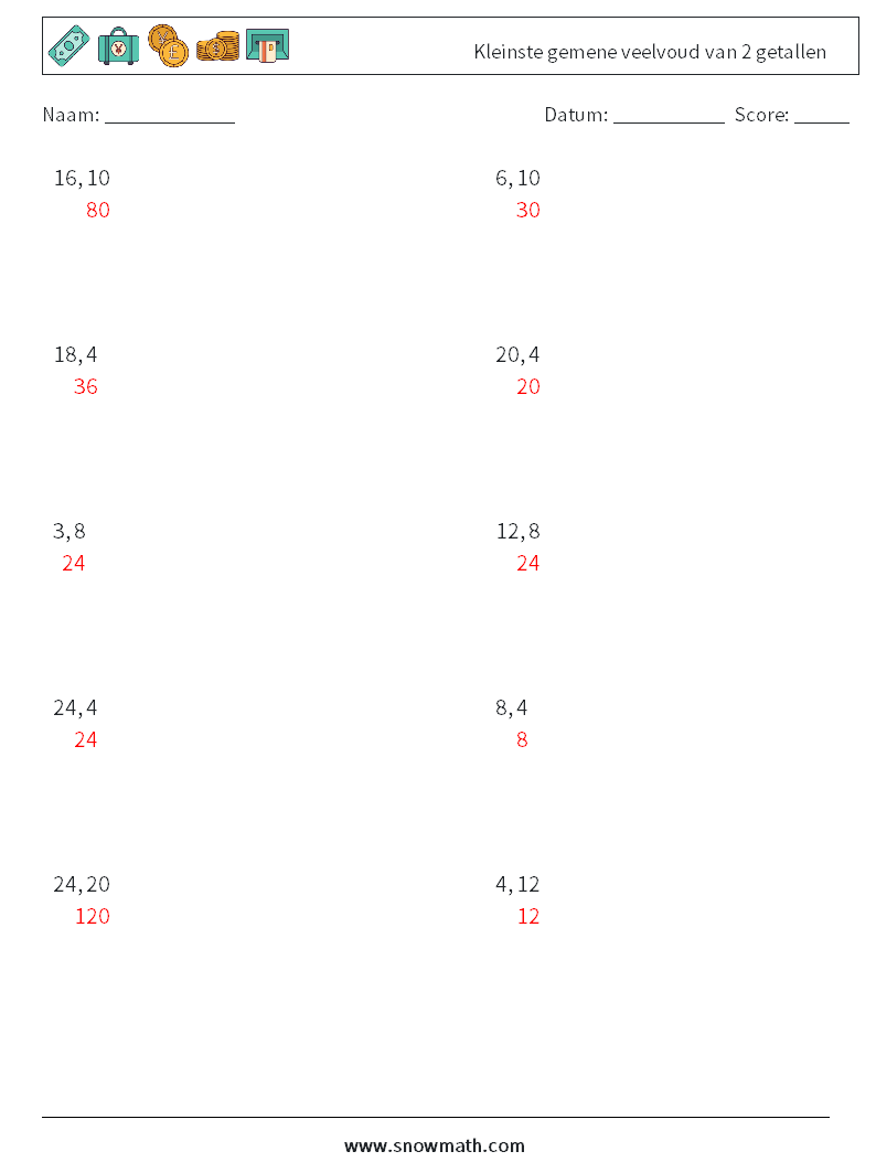 Kleinste gemene veelvoud van 2 getallen Wiskundige werkbladen 4 Vraag, Antwoord