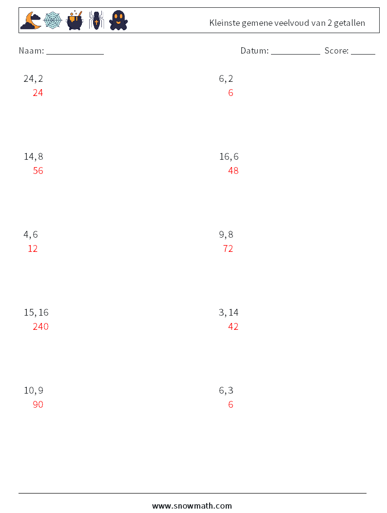 Kleinste gemene veelvoud van 2 getallen Wiskundige werkbladen 5 Vraag, Antwoord