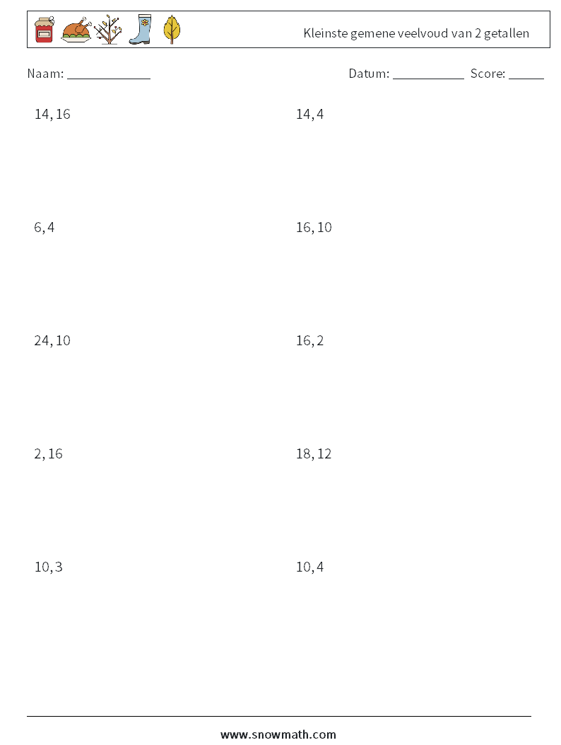 Kleinste gemene veelvoud van 2 getallen Wiskundige werkbladen 6