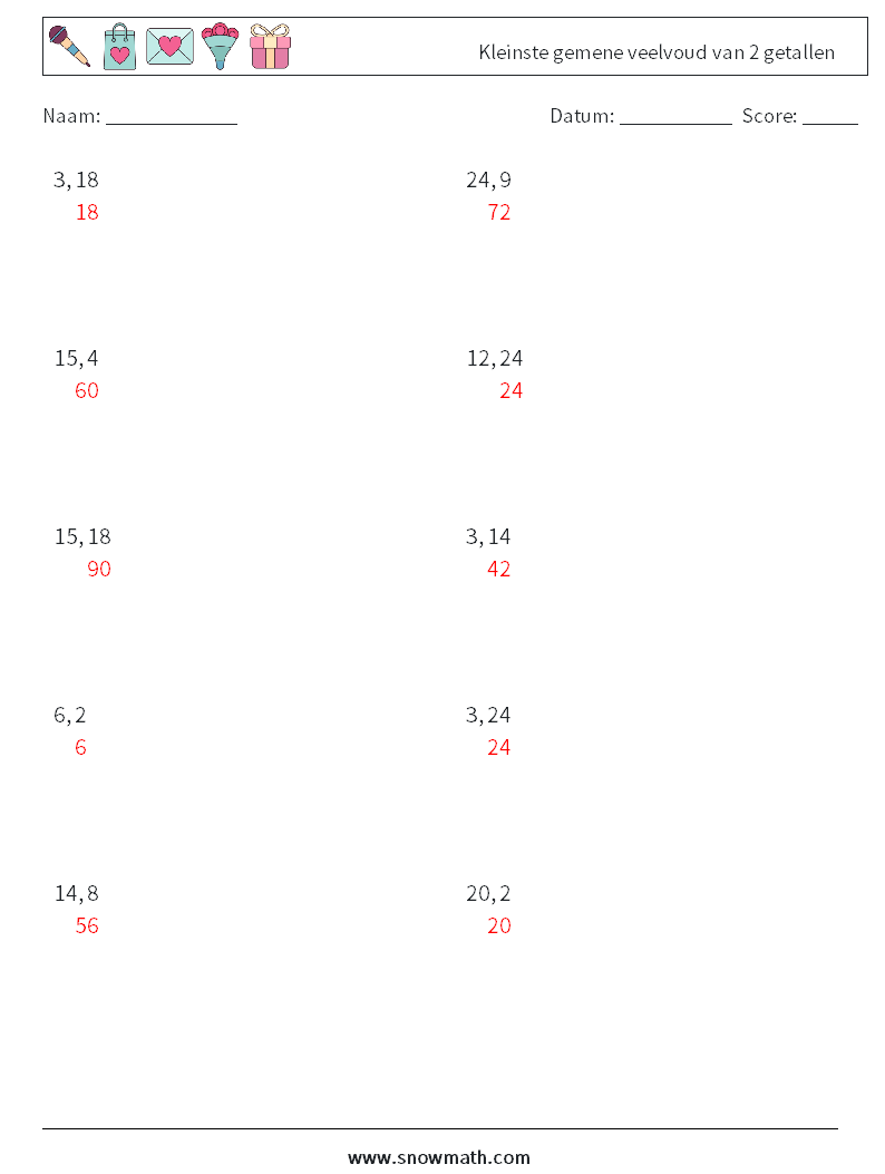 Kleinste gemene veelvoud van 2 getallen Wiskundige werkbladen 7 Vraag, Antwoord