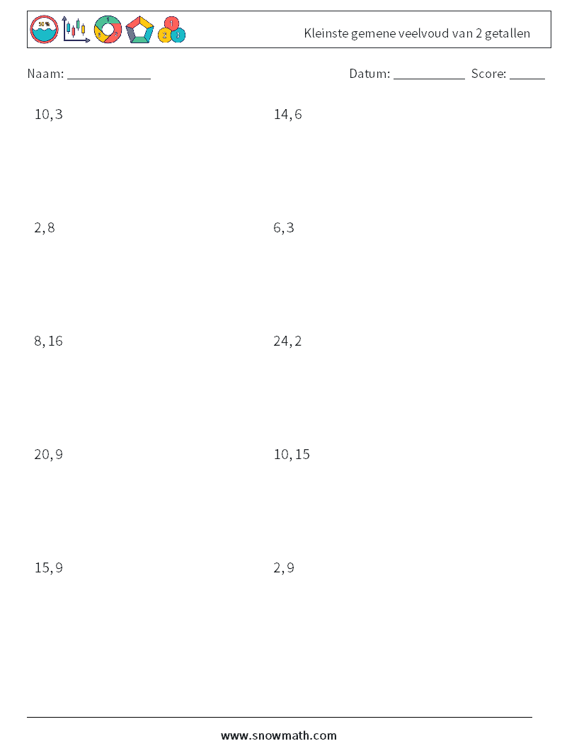 Kleinste gemene veelvoud van 2 getallen Wiskundige werkbladen 8