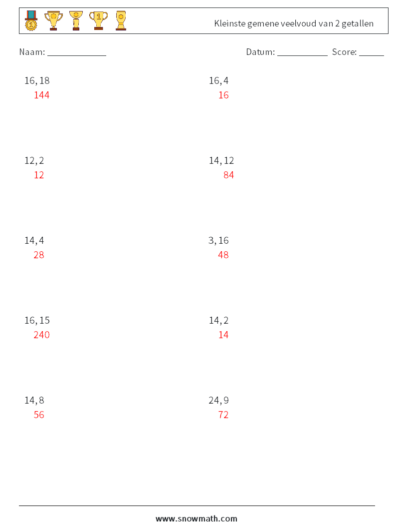 Kleinste gemene veelvoud van 2 getallen Wiskundige werkbladen 9 Vraag, Antwoord