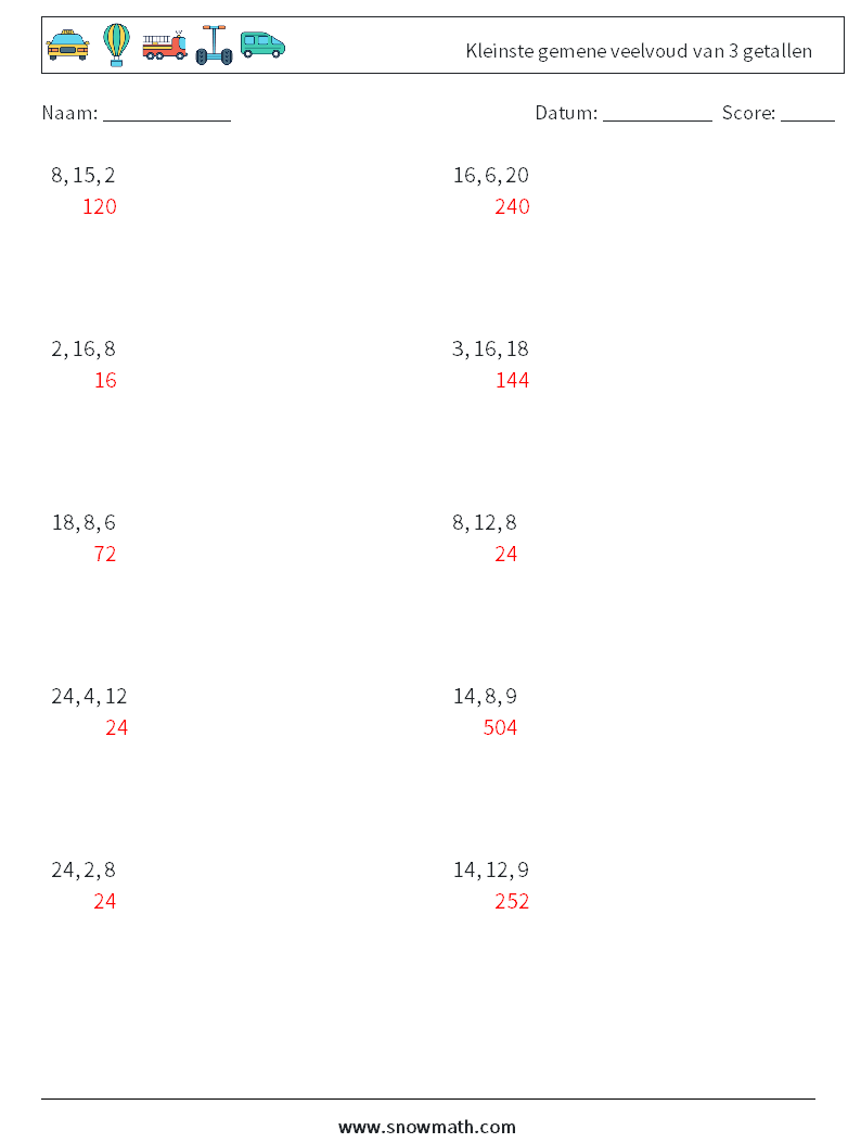 Kleinste gemene veelvoud van 3 getallen Wiskundige werkbladen 3 Vraag, Antwoord