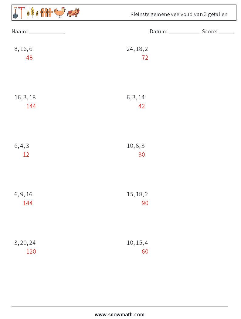 Kleinste gemene veelvoud van 3 getallen Wiskundige werkbladen 9 Vraag, Antwoord