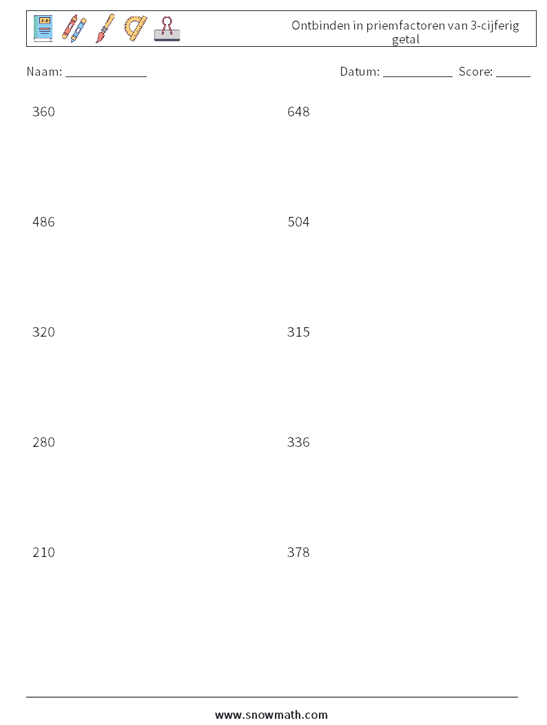 Ontbinden in priemfactoren van 3-cijferig getal Wiskundige werkbladen 1