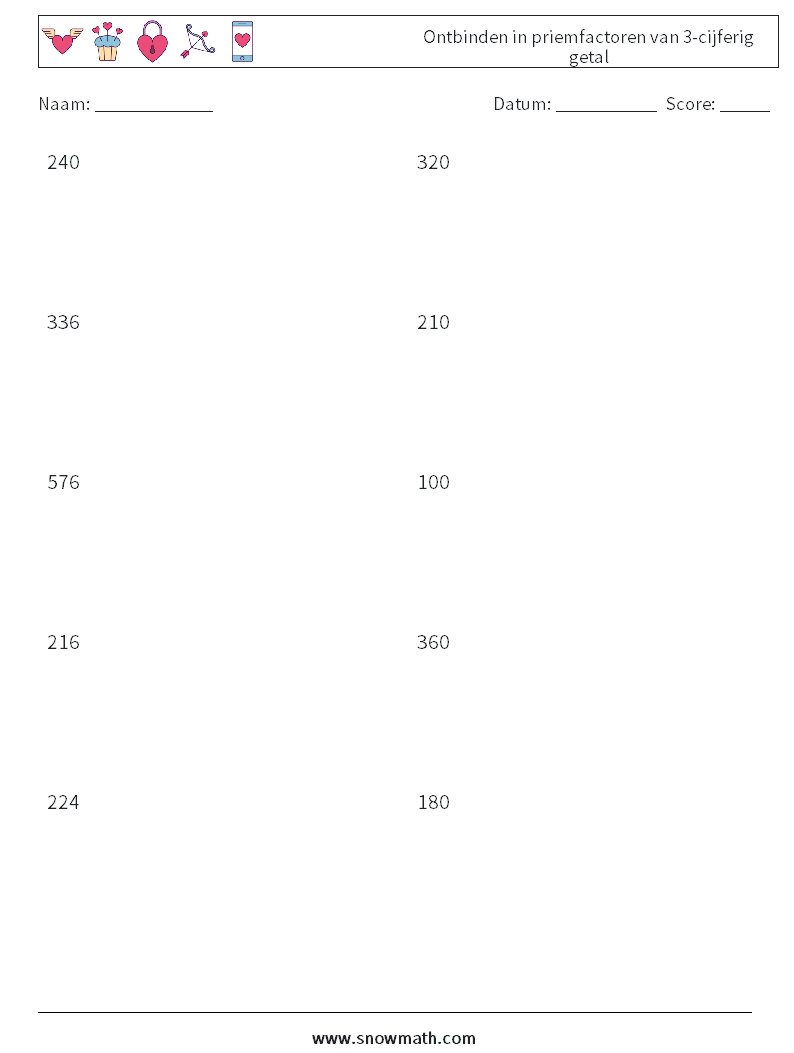 Ontbinden in priemfactoren van 3-cijferig getal Wiskundige werkbladen 2