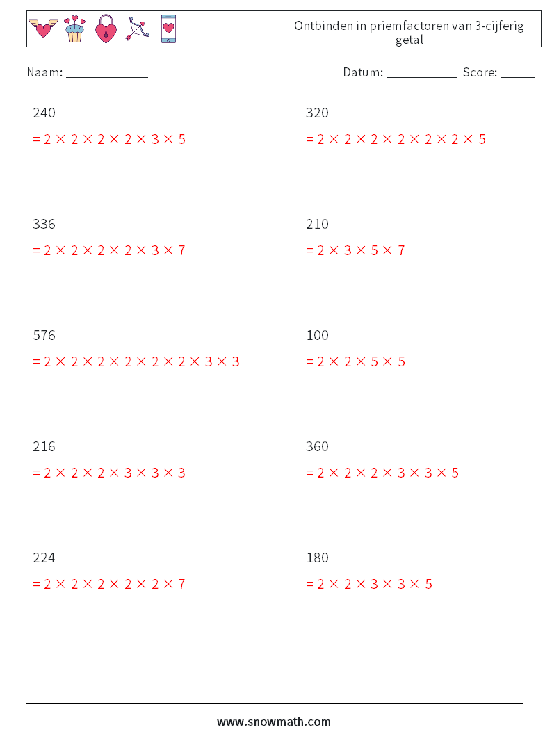 Ontbinden in priemfactoren van 3-cijferig getal Wiskundige werkbladen 2 Vraag, Antwoord
