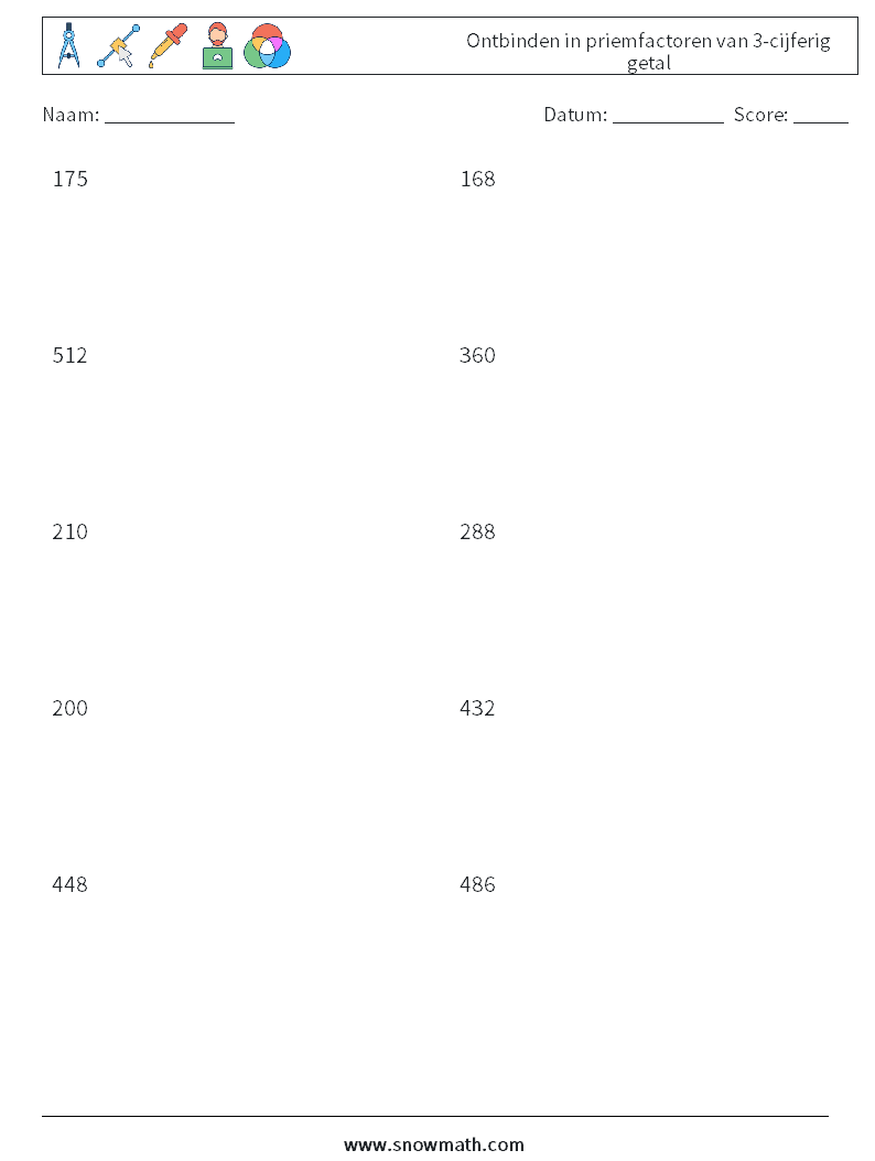 Ontbinden in priemfactoren van 3-cijferig getal Wiskundige werkbladen 3