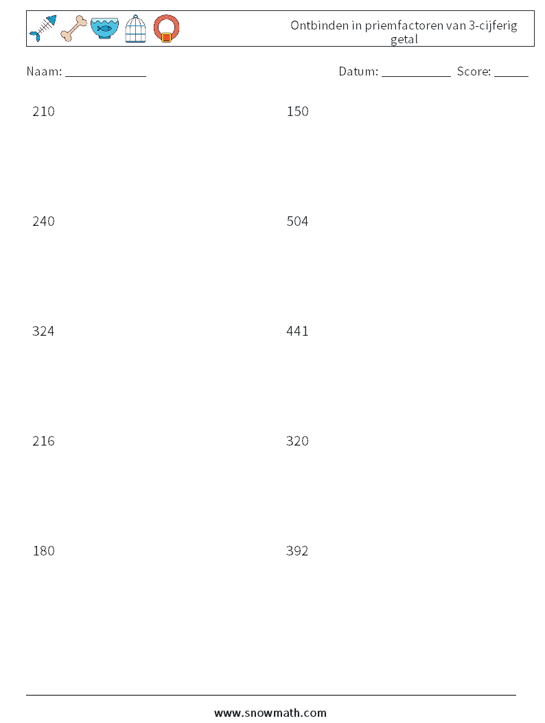 Ontbinden in priemfactoren van 3-cijferig getal Wiskundige werkbladen 4