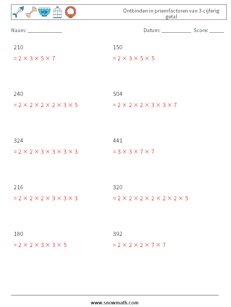 Ontbinden in priemfactoren van 3-cijferig getal Wiskundige werkbladen 4 Vraag, Antwoord