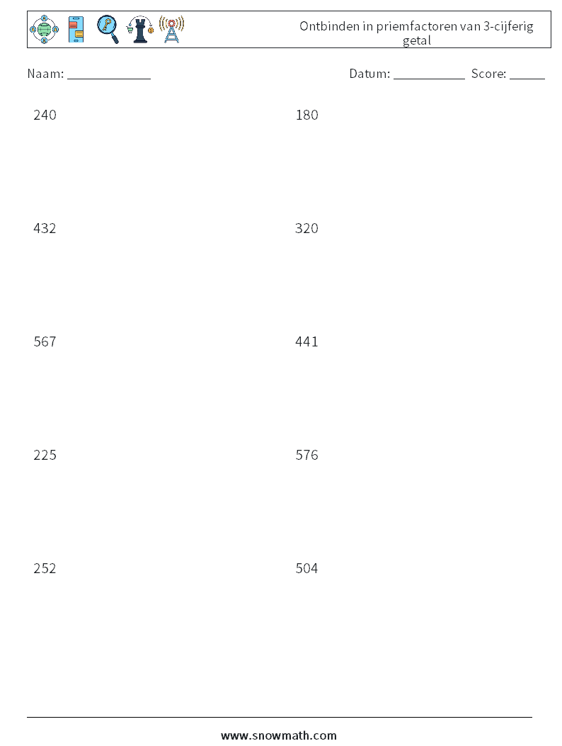 Ontbinden in priemfactoren van 3-cijferig getal Wiskundige werkbladen 5