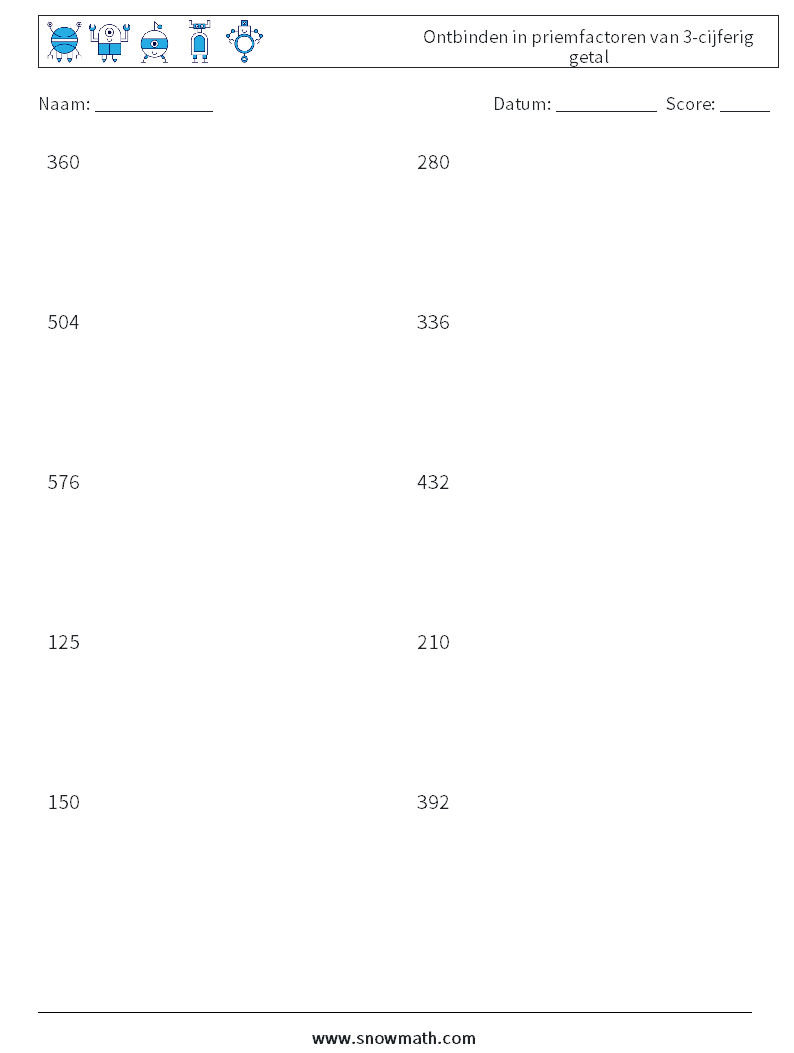 Ontbinden in priemfactoren van 3-cijferig getal Wiskundige werkbladen 6