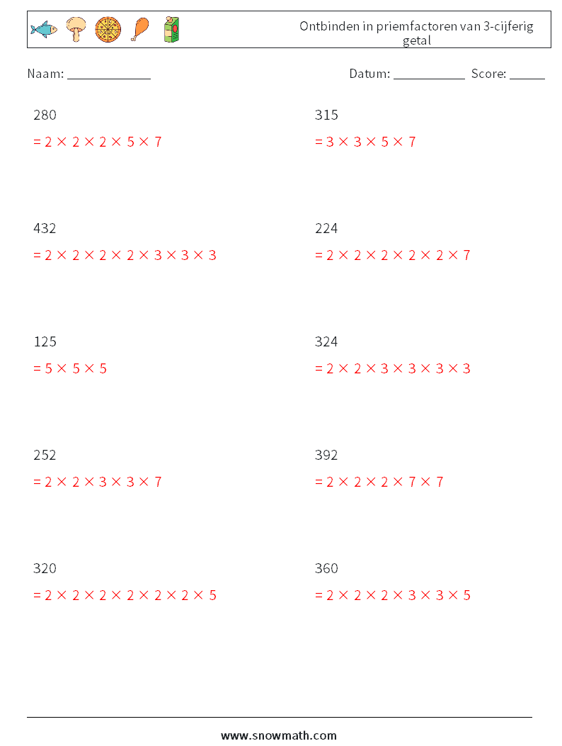 Ontbinden in priemfactoren van 3-cijferig getal Wiskundige werkbladen 7 Vraag, Antwoord