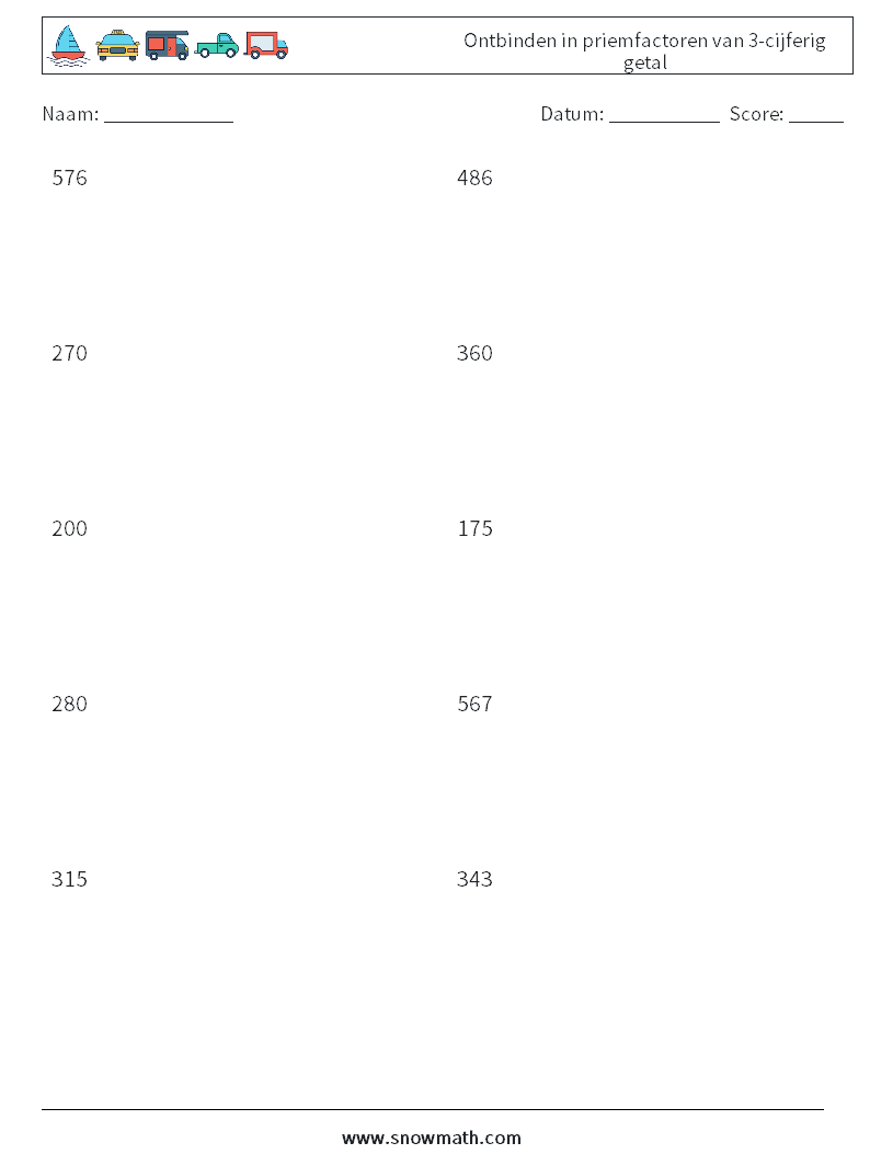 Ontbinden in priemfactoren van 3-cijferig getal Wiskundige werkbladen 8