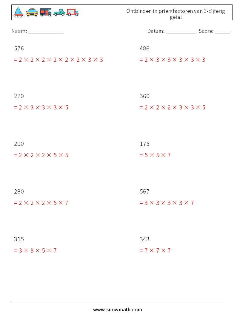 Ontbinden in priemfactoren van 3-cijferig getal Wiskundige werkbladen 8 Vraag, Antwoord