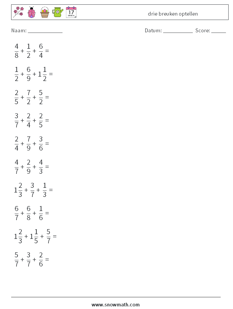 (10) drie breuken optellen Wiskundige werkbladen 1