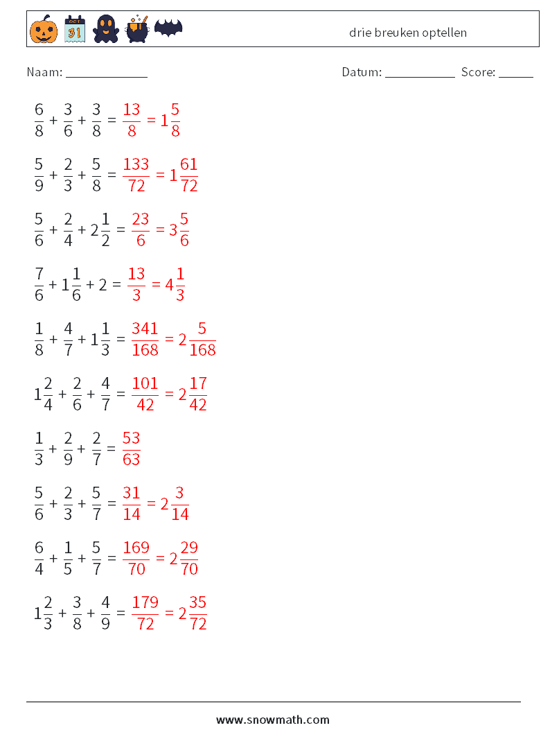 (10) drie breuken optellen Wiskundige werkbladen 11 Vraag, Antwoord