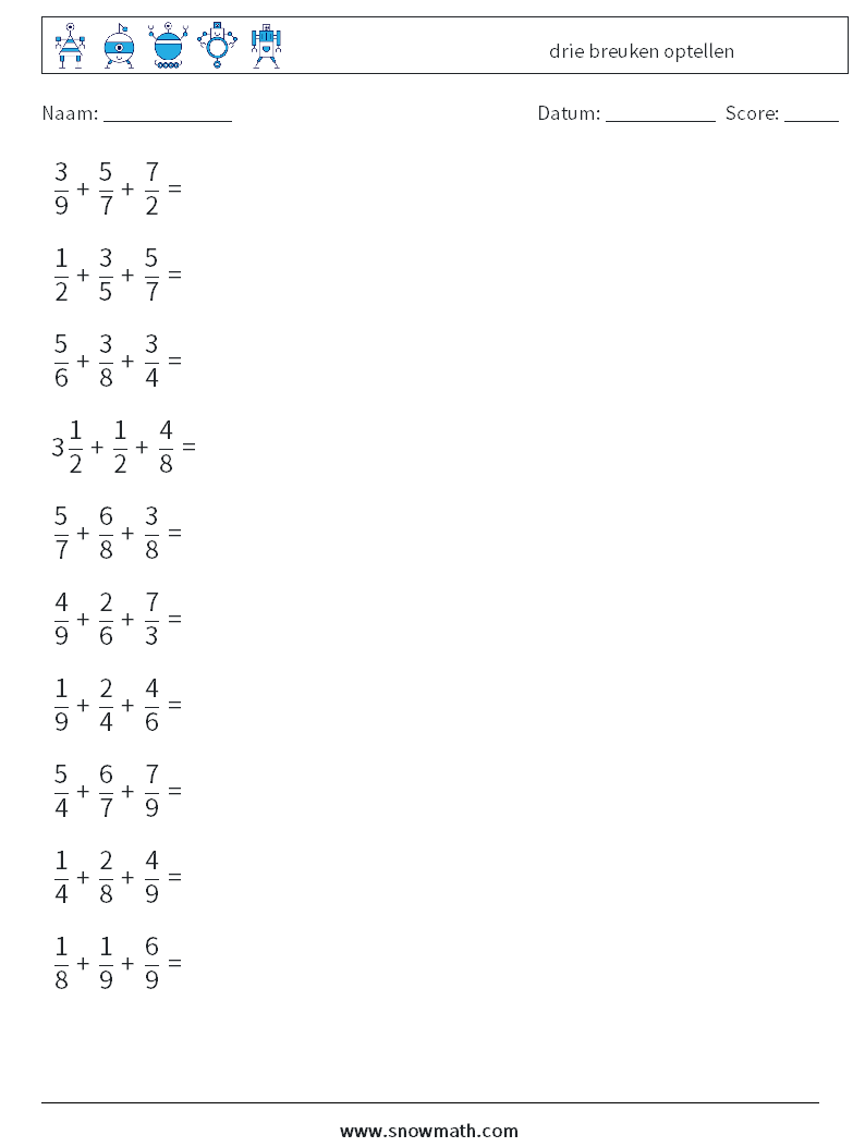 (10) drie breuken optellen Wiskundige werkbladen 12