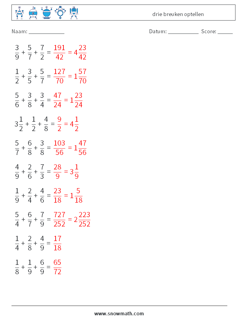 (10) drie breuken optellen Wiskundige werkbladen 12 Vraag, Antwoord
