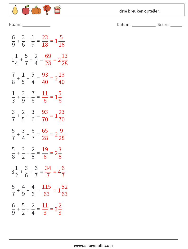 (10) drie breuken optellen Wiskundige werkbladen 13 Vraag, Antwoord